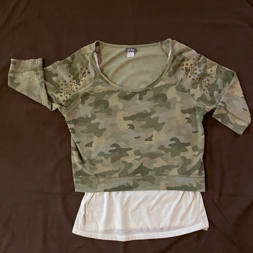 Army Green Print Sweatshirt w/ Layered Cream Tank